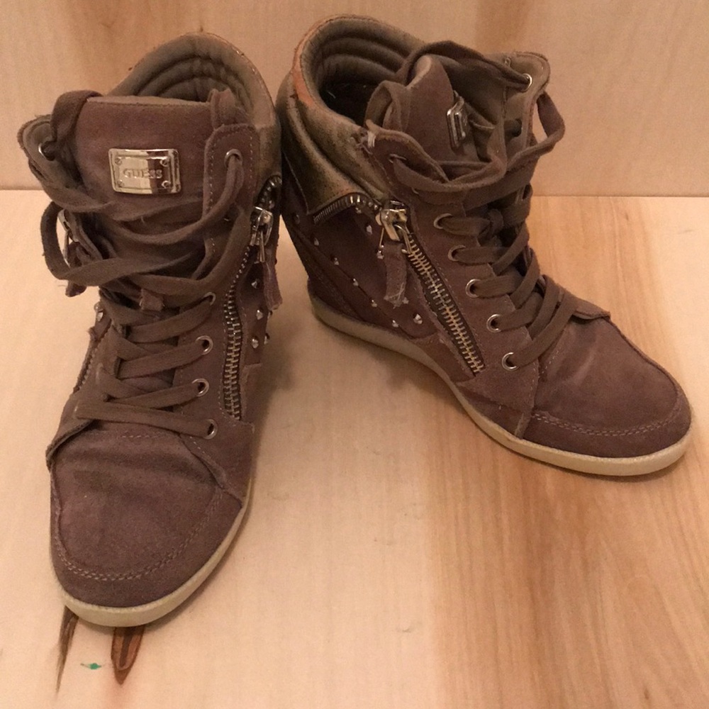 Women’s faux suede taupe Guess sneaker wedges